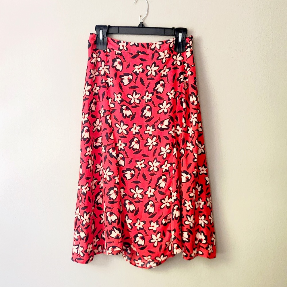 Red floral flowy midi skirt